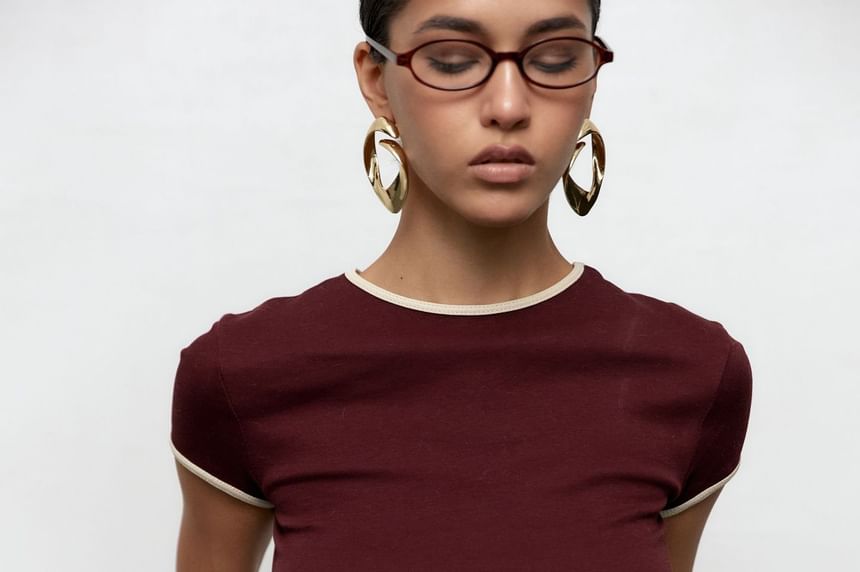 Contrast Crop Short-Sleeve Neck Fit Slim Tee Trim Crew