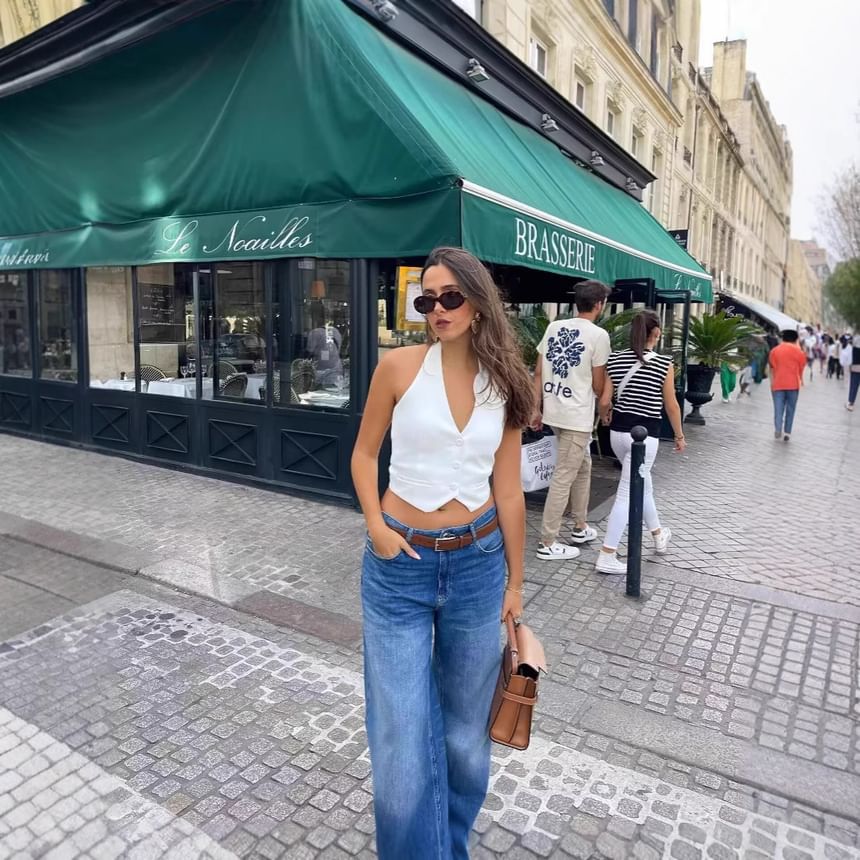 Back Single-Breasted Crop Plain Accent Vest V-Neck Flower Open Halter