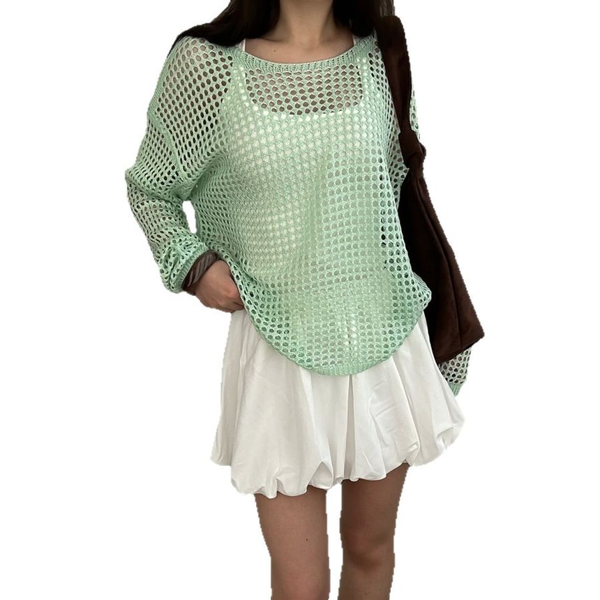 Long-Sleeve Round Perforated Plain Knit Neck Top