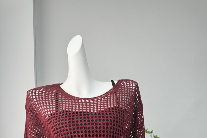 Long-Sleeve Round Perforated Plain Knit Neck Top