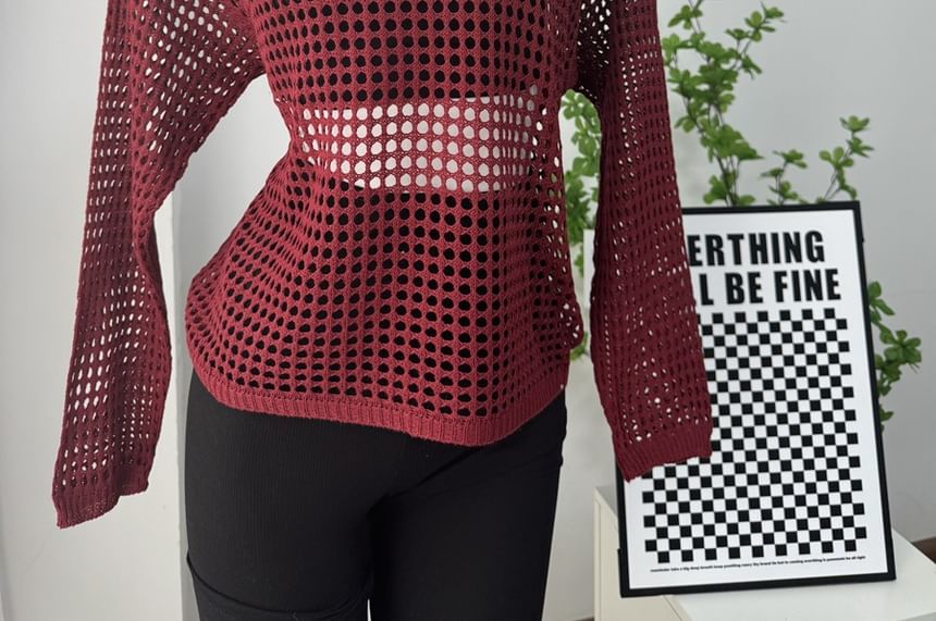 Long-Sleeve Round Perforated Plain Knit Neck Top