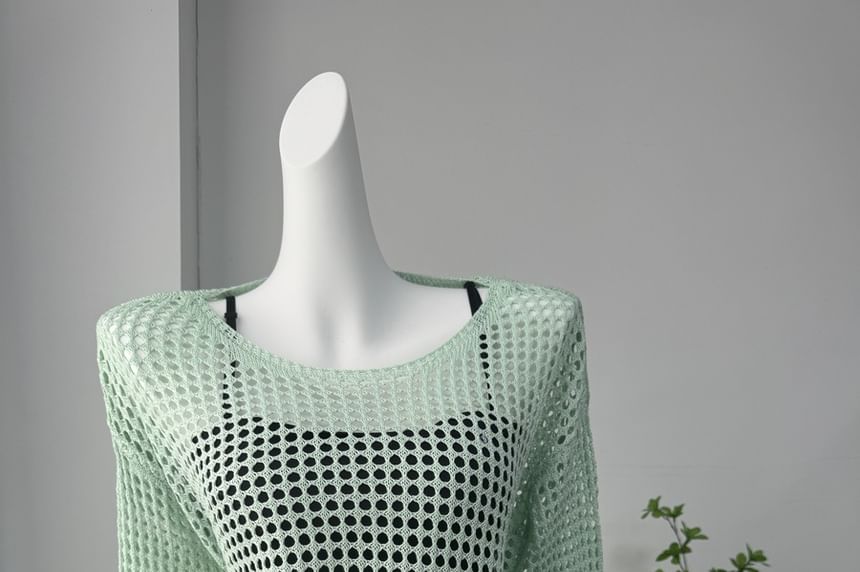 Long-Sleeve Round Perforated Plain Knit Neck Top