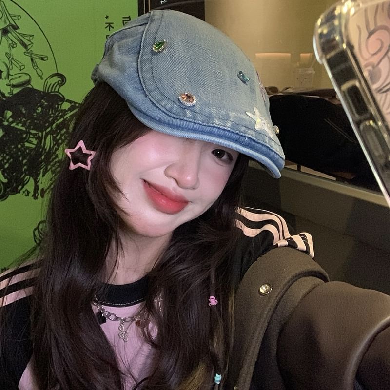 Cap Denim Embellished Flat