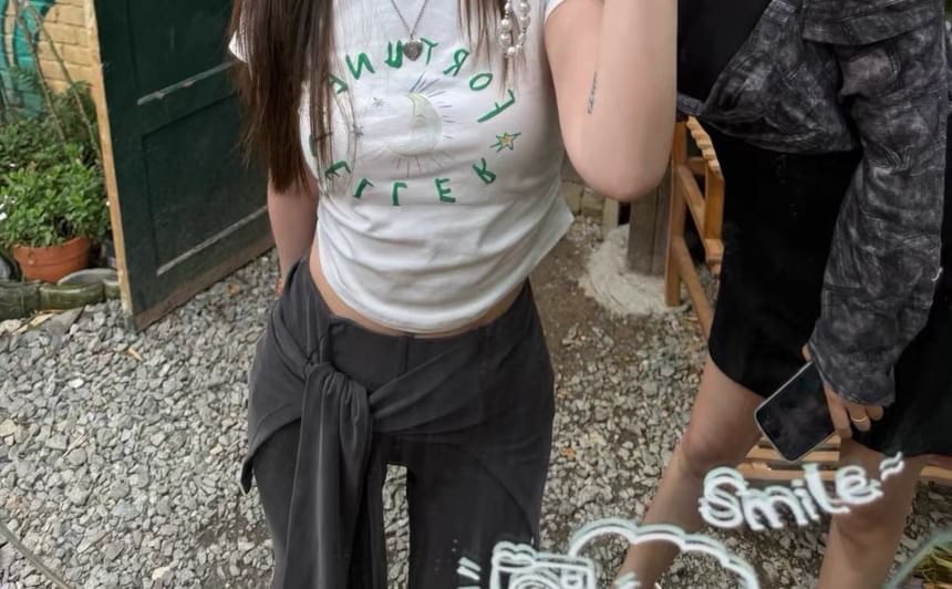 Crop T-Shirt Lettering Short-Sleeve Crewneck