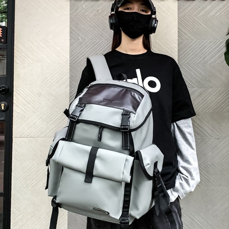 Faux Buckled Leather Backpack Lettering