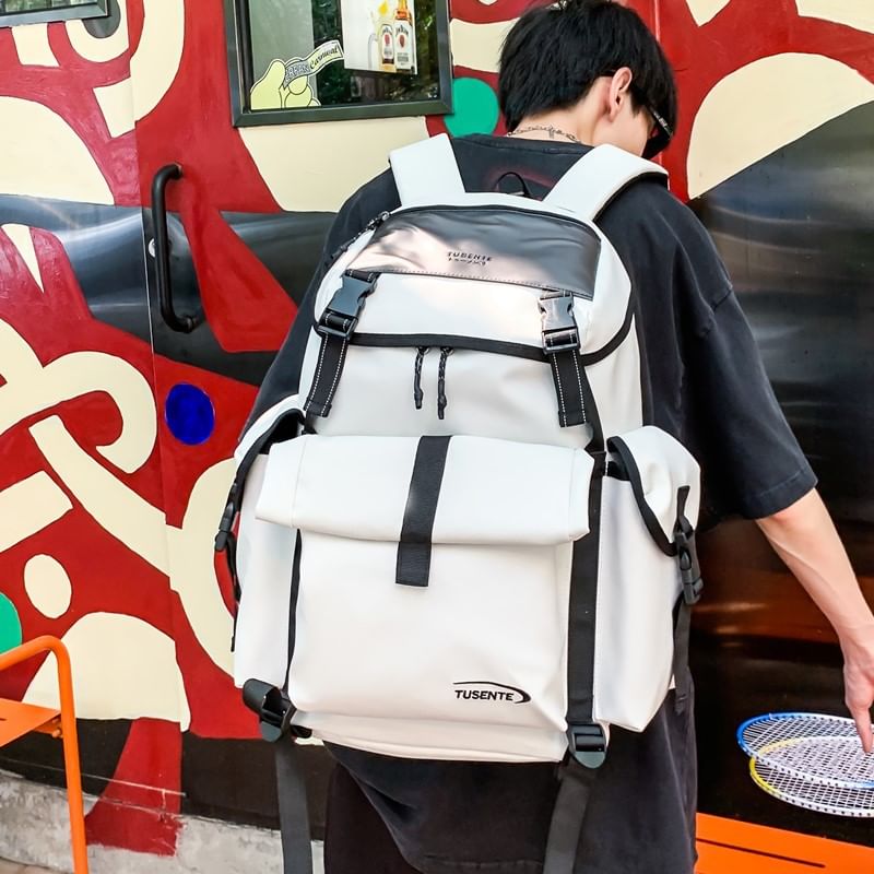 Faux Buckled Leather Backpack Lettering