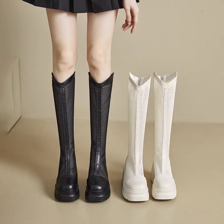 Tall Boots Platform Heel Mesh Block Plain