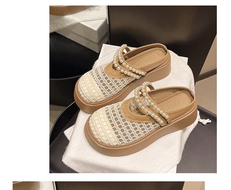 Detail Pearl Platform Faux Mules Mesh