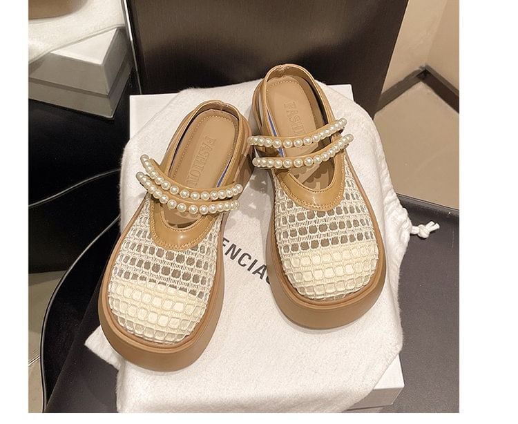 Detail Pearl Platform Faux Mules Mesh