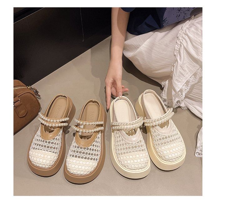 Detail Pearl Platform Faux Mules Mesh