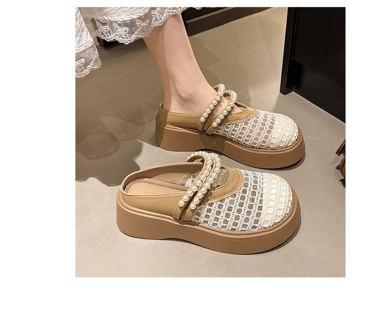 Detail Pearl Platform Faux Mules Mesh