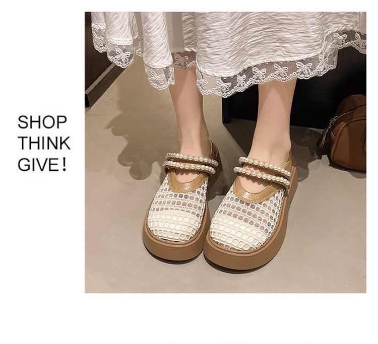 Detail Pearl Platform Faux Mules Mesh