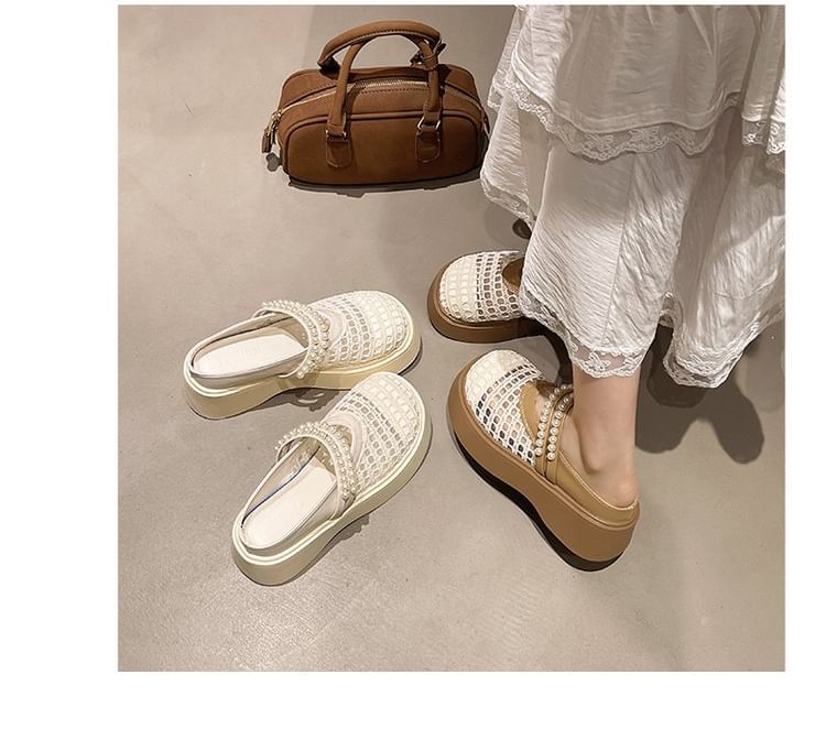 Detail Pearl Platform Faux Mules Mesh