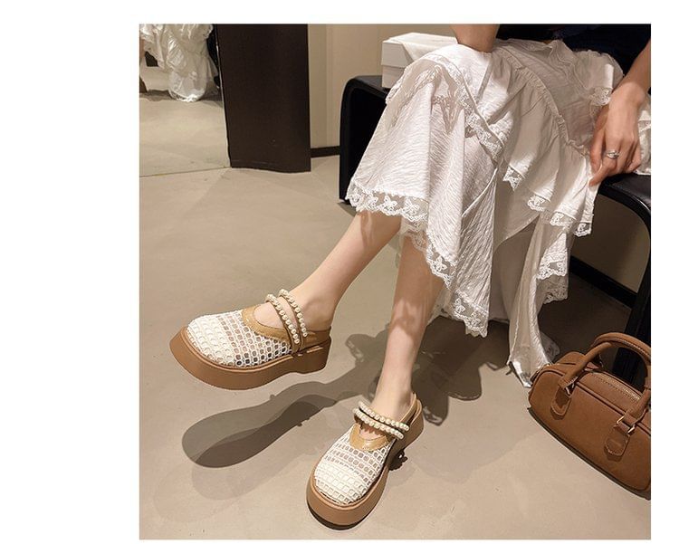 Detail Pearl Platform Faux Mules Mesh