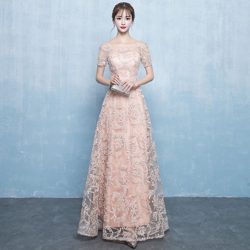 Short-Sleeve Off-Shoulder Embroidered Mesh A-Line Evening Gown / Midi Evening Dress