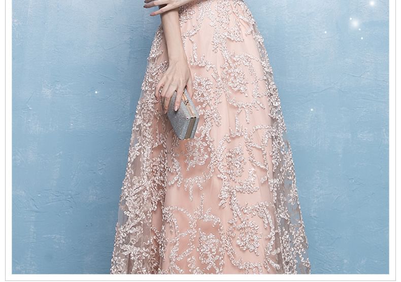 Short-Sleeve Off-Shoulder Embroidered Mesh A-Line Evening Gown / Midi Evening Dress