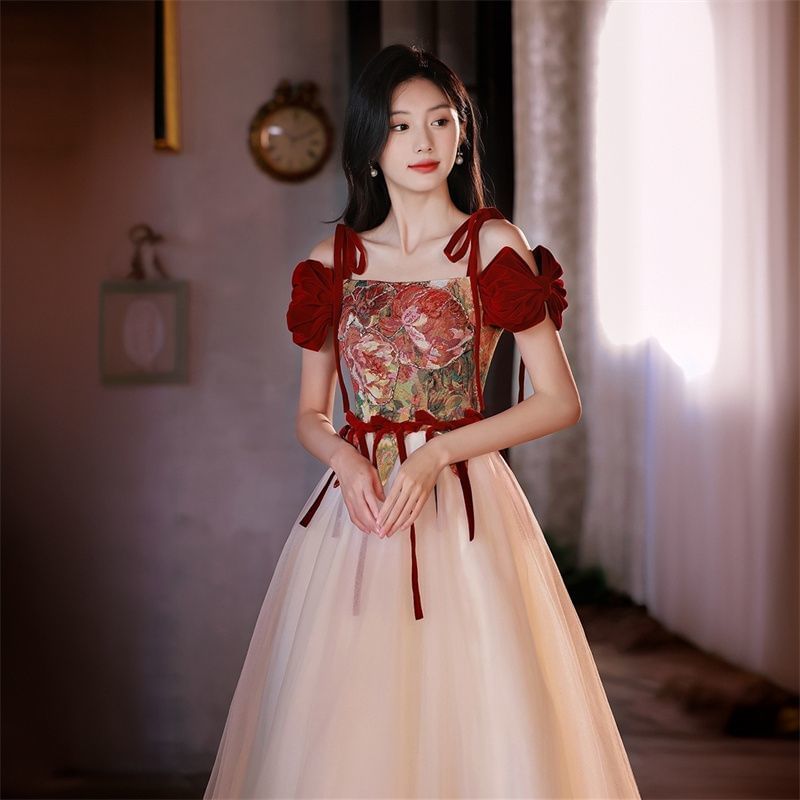 Short-Sleeve Cold Shoulder Floral Print Bow Accent A-Line Evening Gown