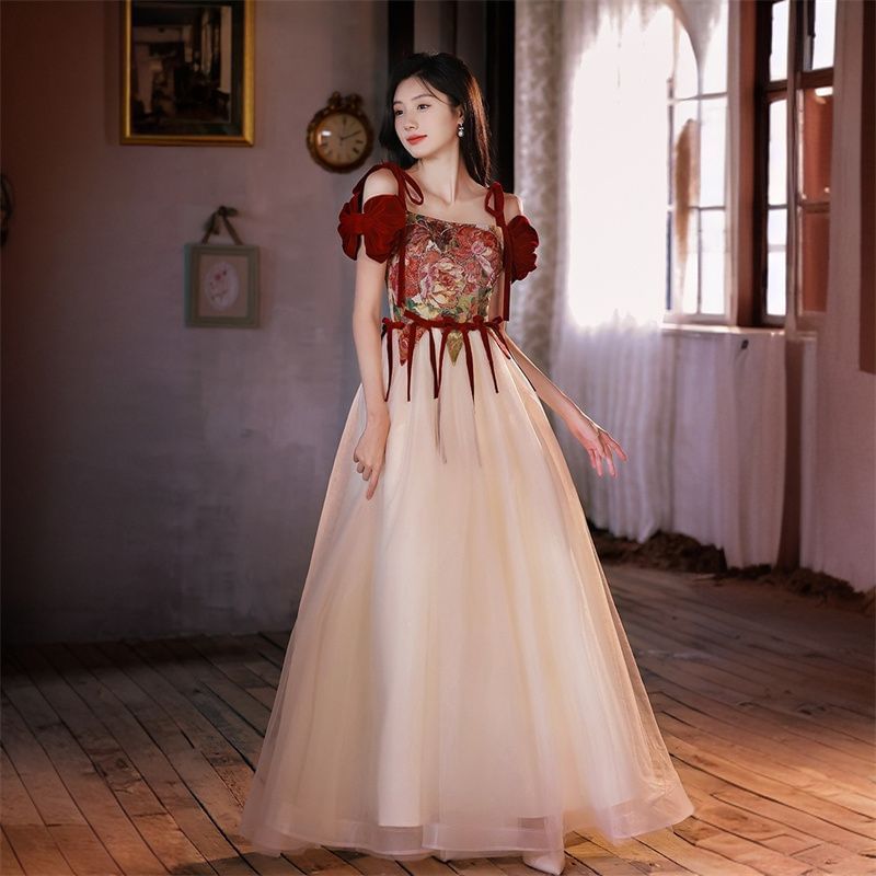 Short-Sleeve Cold Shoulder Floral Print Bow Accent A-Line Evening Gown