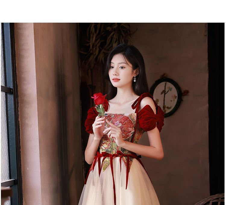 Short-Sleeve Cold Shoulder Floral Print Bow Accent A-Line Evening Gown