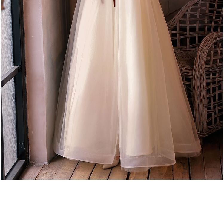 Short-Sleeve Cold Shoulder Floral Print Bow Accent A-Line Evening Gown