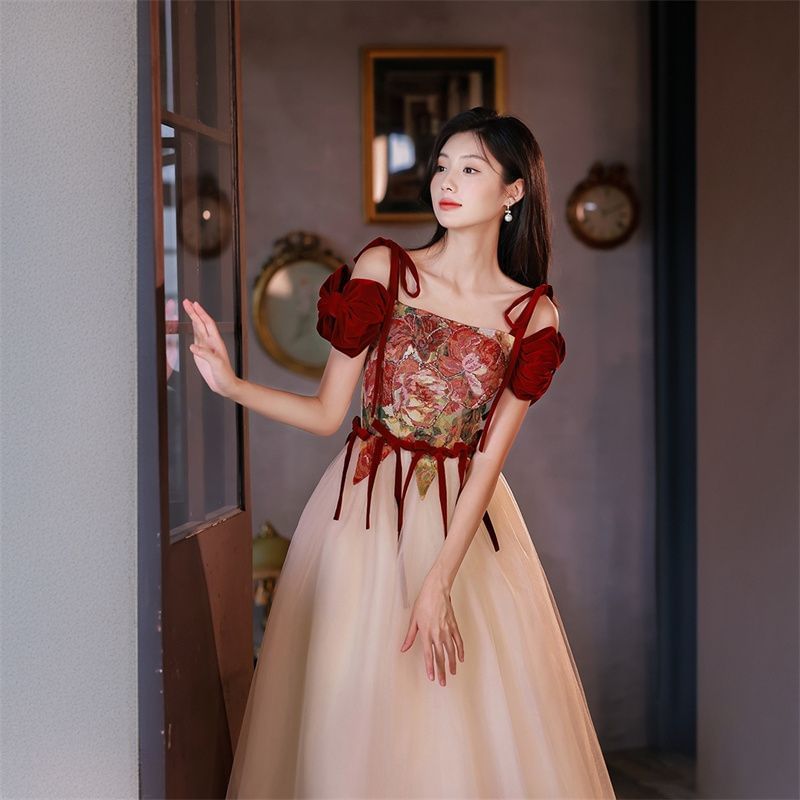 Short-Sleeve Cold Shoulder Floral Print Bow Accent A-Line Evening Gown