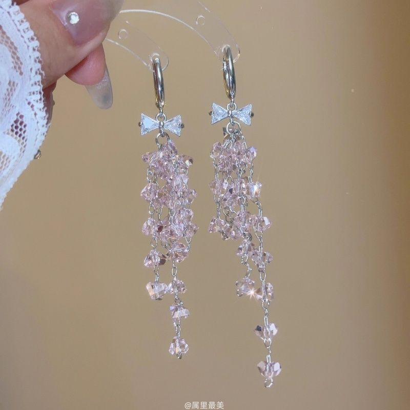 Earring Huggie Fringed Rhinestone Bow Drop