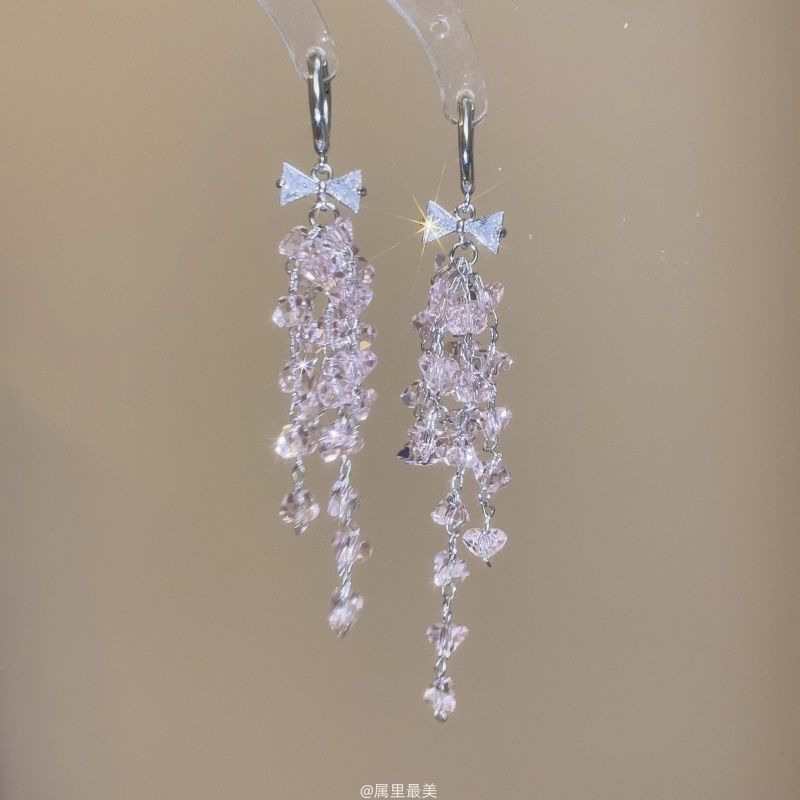 Earring Huggie Fringed Rhinestone Bow Drop