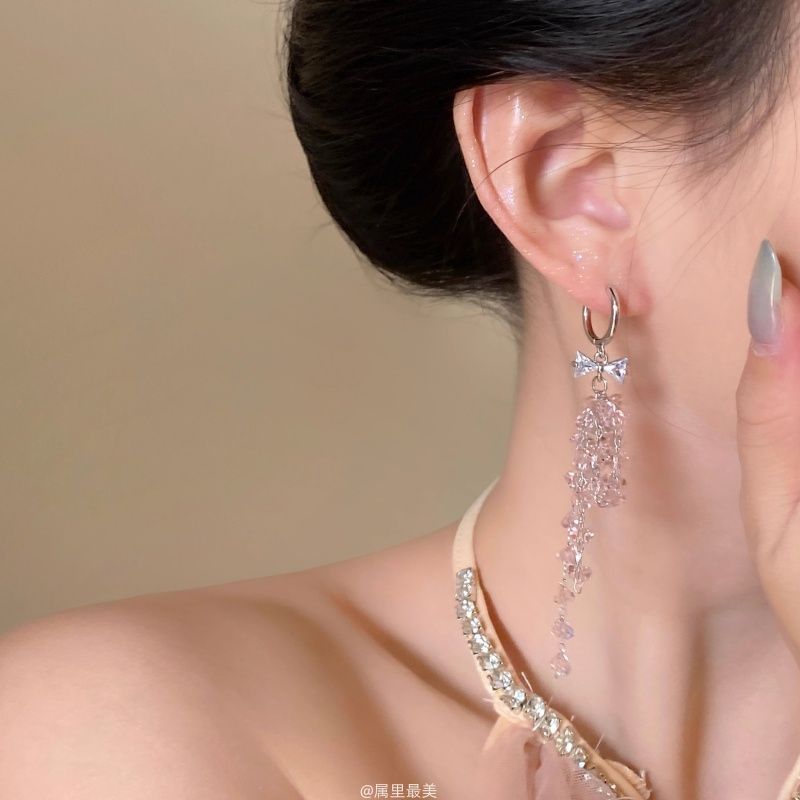 Earring Huggie Fringed Rhinestone Bow Drop