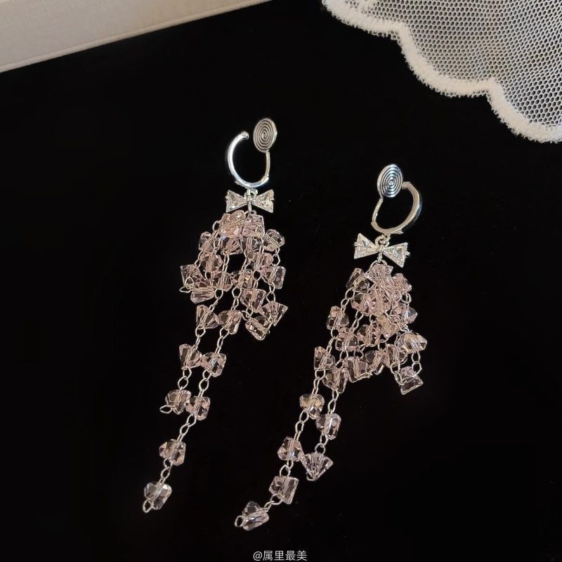 Earring Huggie Fringed Rhinestone Bow Drop