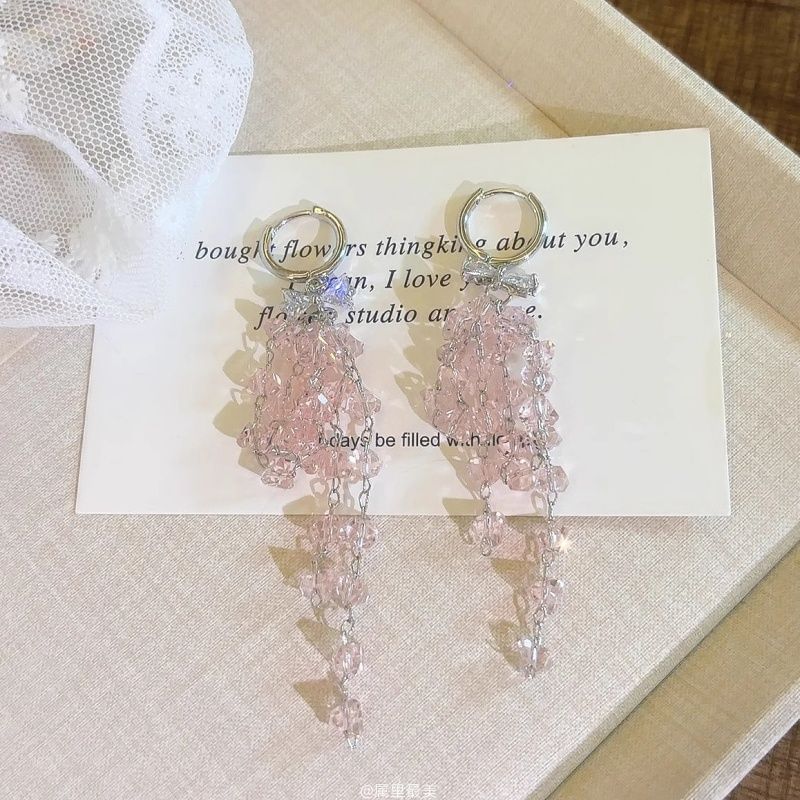 Earring Huggie Fringed Rhinestone Bow Drop