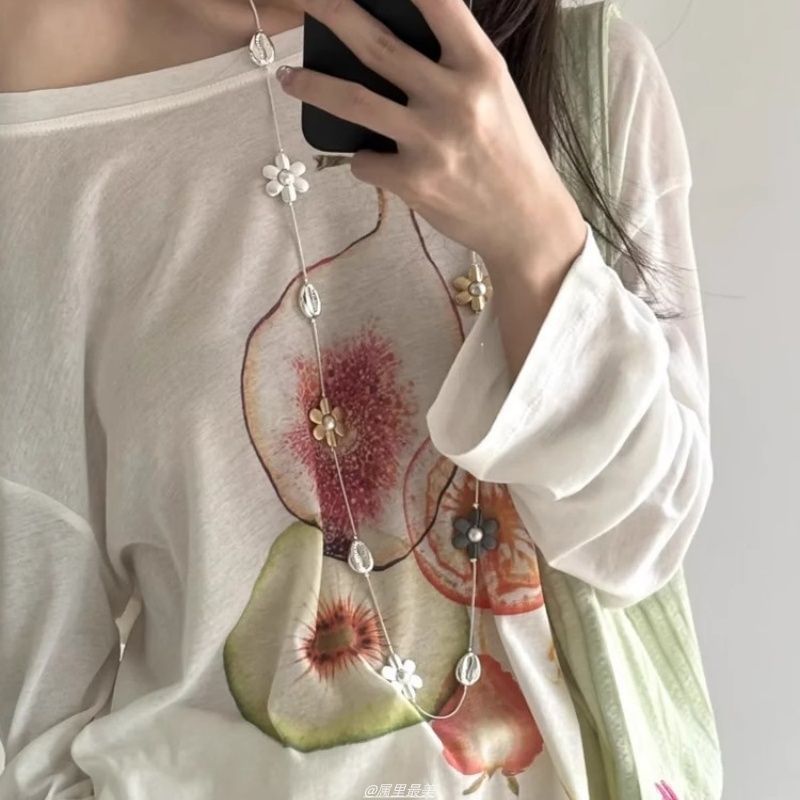 Faux Necklace Flower Pearl Long