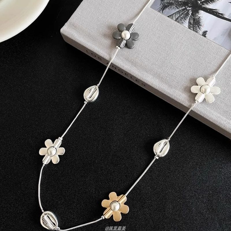 Faux Necklace Flower Pearl Long