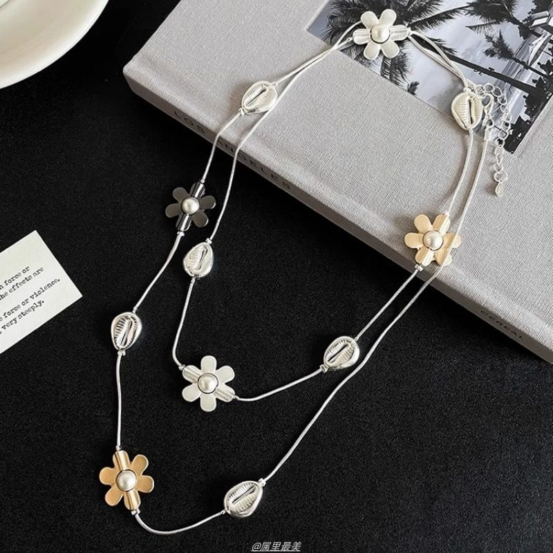 Faux Necklace Flower Pearl Long