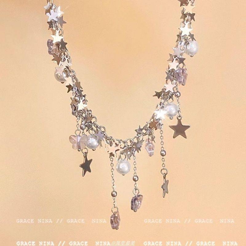 Faux Fringed Star Pearl Necklace Butterfly