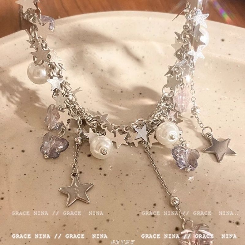 Faux Fringed Star Pearl Necklace Butterfly