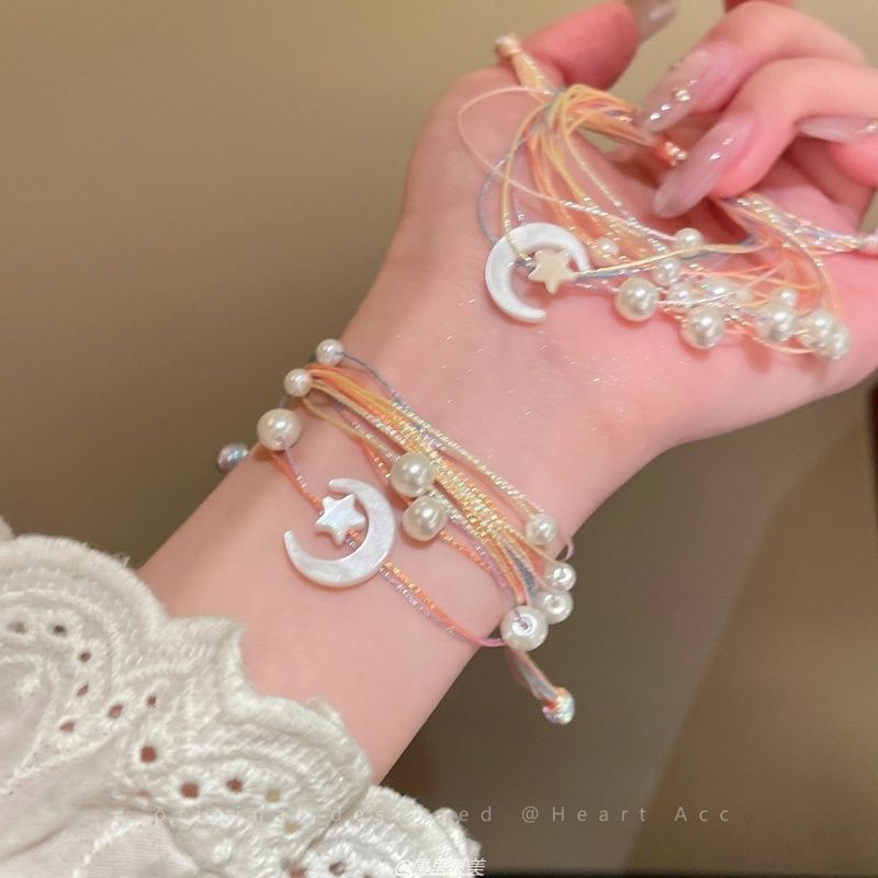 Layered Bracelet Pearl String Moon Faux
