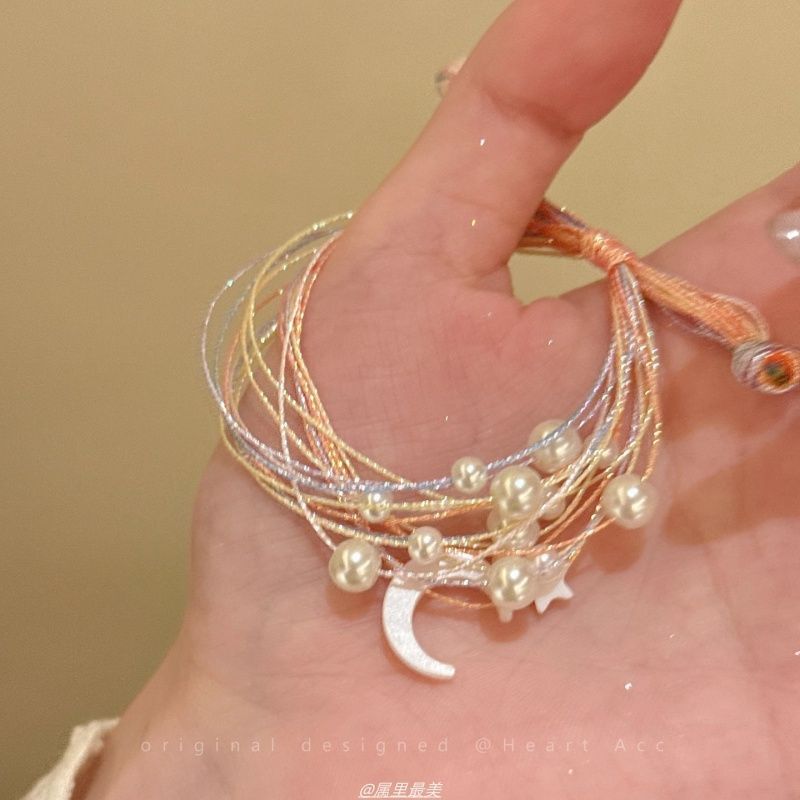 Layered Bracelet Pearl String Moon Faux