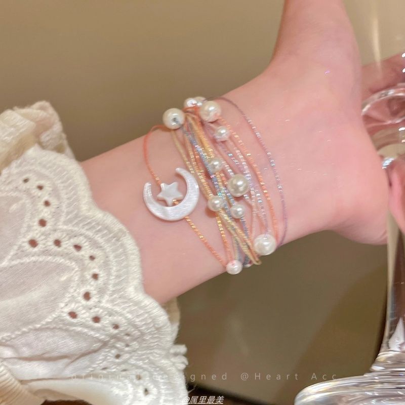 Layered Bracelet Pearl String Moon Faux
