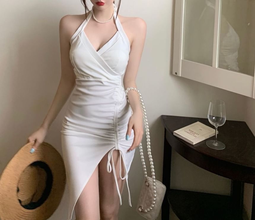 Dress Halter Mini Ruched Sleeveless