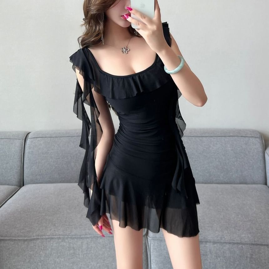 Butterfly Mini Sleeve Dress Ruffle Neckline
