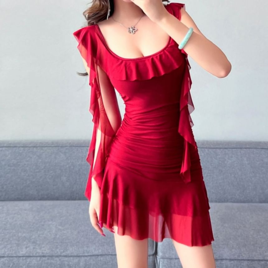 Butterfly Mini Sleeve Dress Ruffle Neckline
