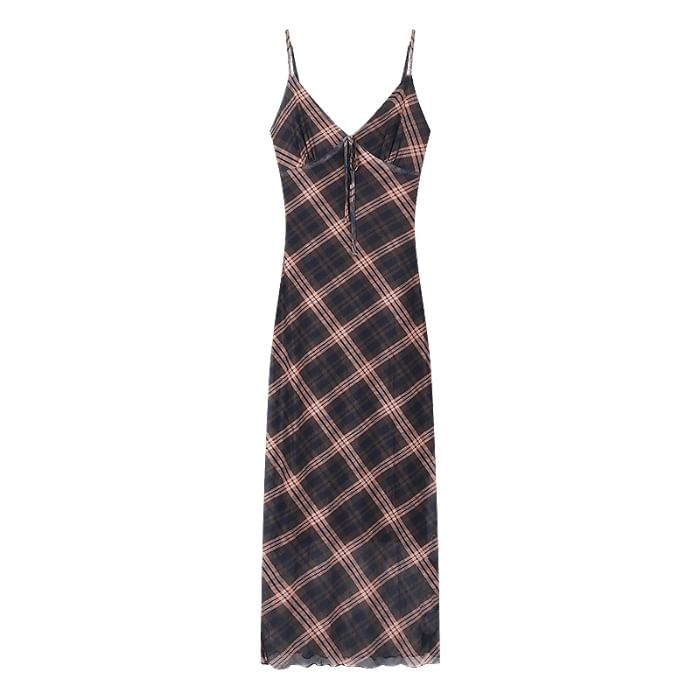Plaid Dress Sleeveless Print Maxi V-Neck