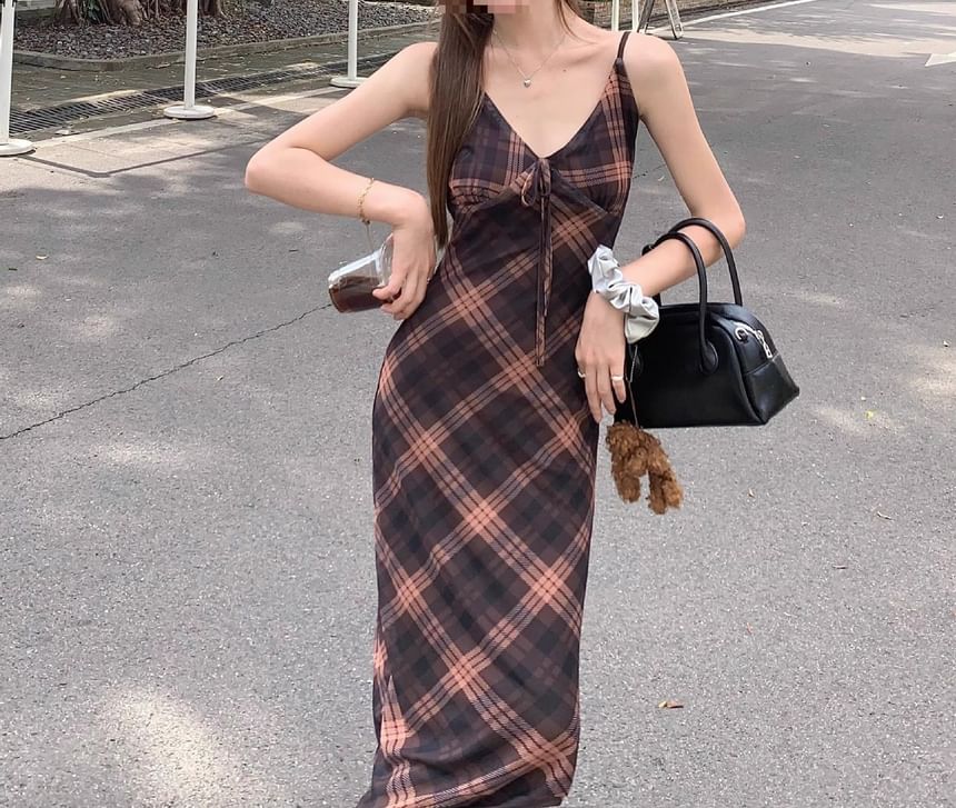 Plaid Dress Sleeveless Print Maxi V-Neck