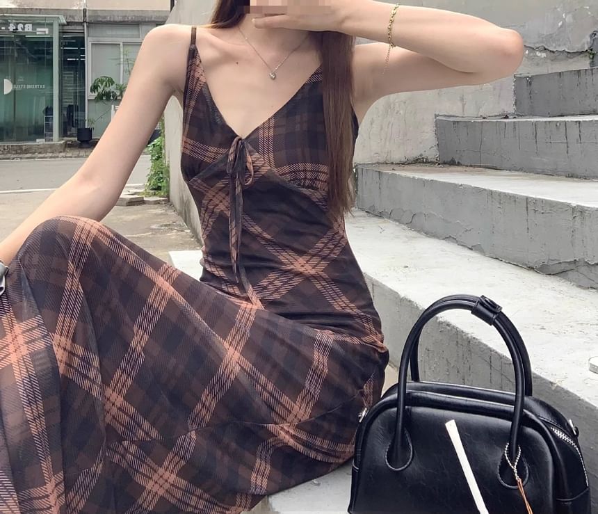 Plaid Dress Sleeveless Print Maxi V-Neck