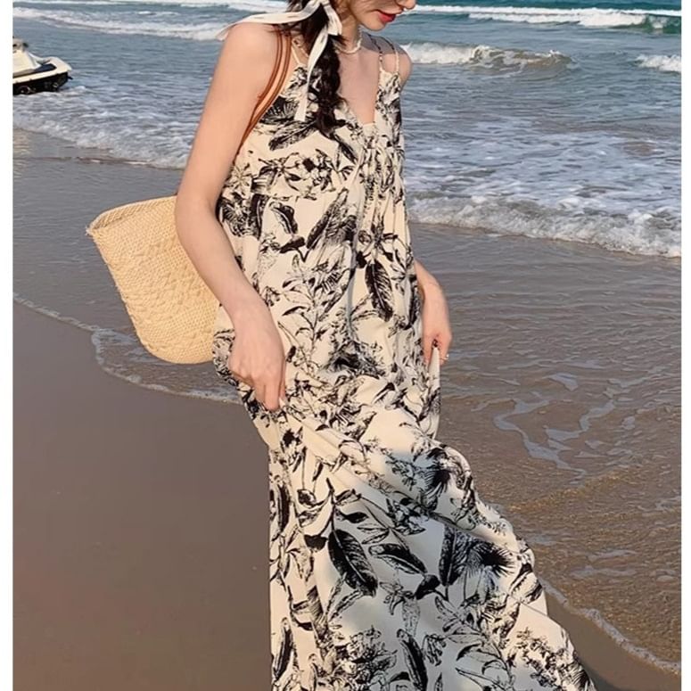 Floral Dress Spaghetti Maxi Print Strap V-Neck