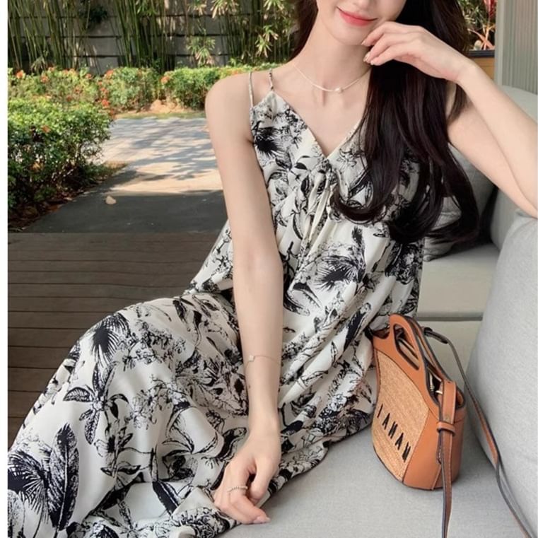 Floral Dress Spaghetti Maxi Print Strap V-Neck