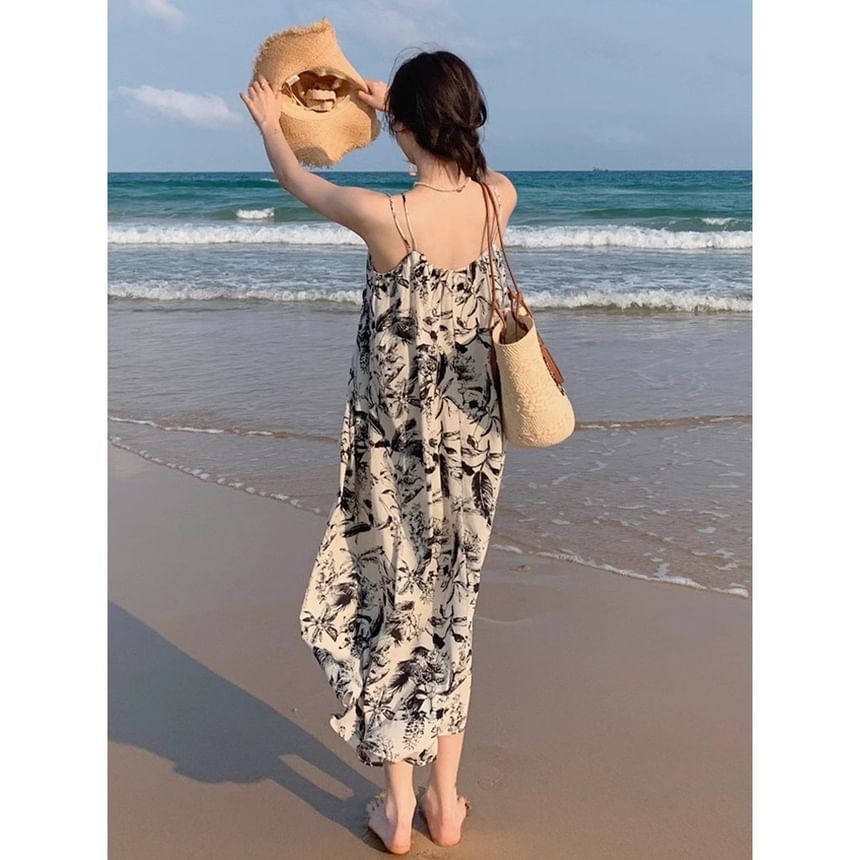 Floral Dress Spaghetti Maxi Print Strap V-Neck