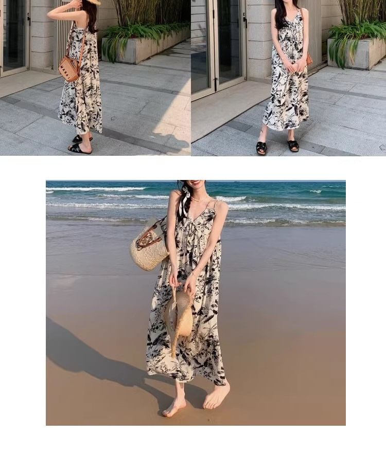 Floral Dress Spaghetti Maxi Print Strap V-Neck