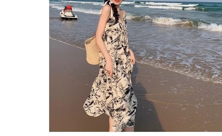 Floral Dress Spaghetti Maxi Print Strap V-Neck