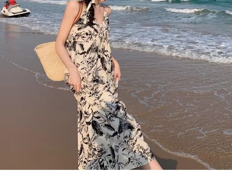 Floral Dress Spaghetti Maxi Print Strap V-Neck
